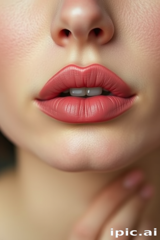Matte dusty rose lips with a powdery finish, soft and feminine, evoking vintage glamour and timeless elegance