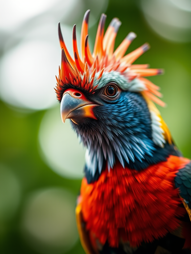 Photograph a colorful bird with a mohawk-like crest and striking facial features, using a Canon EOS R5 camera, with an aperture of f/2.8 for a shallow depth of field, a shutter speed of 1/500s to freeze motion, ISO 100 for maximum clarity, taken from a close-up perspective to capture intricate details against a blurred green background.