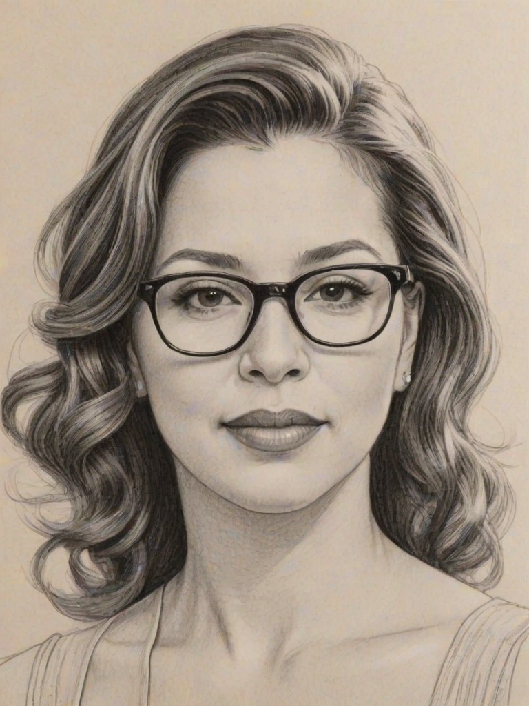 Fetching Justina Machado, pencil sketch, portrait of Exquisite woman 1921s in glasses, hair style beatnik, outline, clear lines, fine lines, 8k