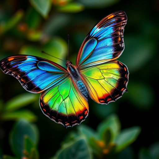 Create a highly detailed close-up of a vibrant butterfly with iridescent wings showcasing shades of blue, green, and orange, set against a lush, blurred background of foliage, captured with a macro lens at f/2.8, ISO 100, and a shutter speed of 1/200s, using a DSLR camera for enhanced sharpness and color richness.