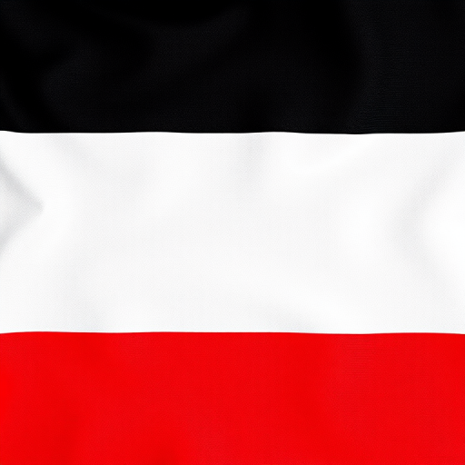 Create an image of a flag featuring horizontal stripes in white, black, red, and yellow, using a DSLR camera with a 50mm lens, aperture set to f/8, ISO 100, shot from a straight-on view with high dynamic range and vibrant color settings.