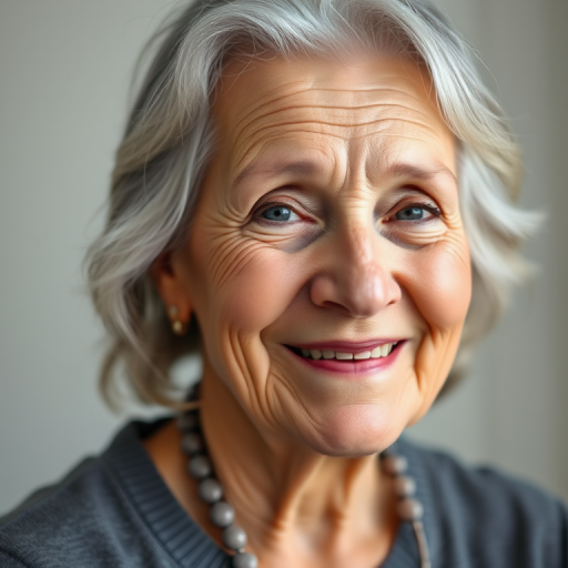 portrait of an elderly woman with gray hair and a warm smile, soft focus, natural lighting, Canon EOS 5D Mark IV with a 50mm f/1.8 lens, ISO 100, f/2.8, 1/125 sec, neutral background