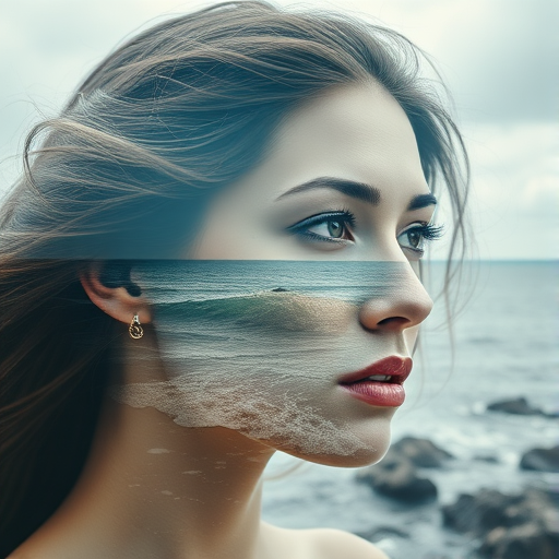 create Book cover, A surreal double exposure portrait that blends a woman's face with a beautiful seascape. The overall mood is dreamy and mystical, with rich colors and intricate details