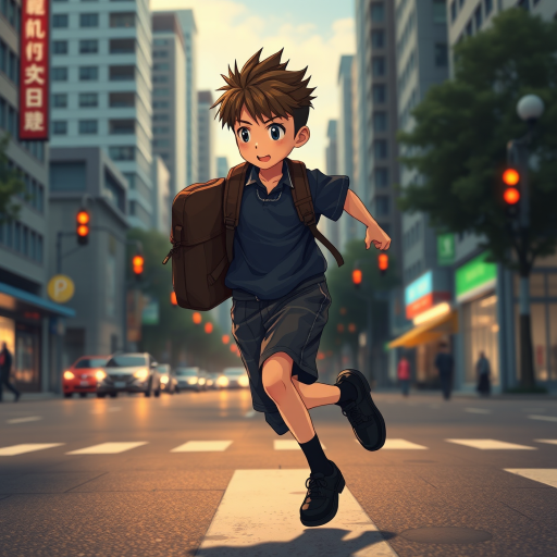 In the Japanese boondocks photorealistic anime, the camera focuses on strong muscular sideview of 9 year old boy his perfect face conveys powerful mighty passion, wearing black school dress-shoes, wearing dark blue matching school uniform. he runs lightly across wide busy city street. with stoplights in backdrop, The animation highlights the dynamic of the boy's clothes and hair blowing in the wind as he moves around, wearing leather backpack,