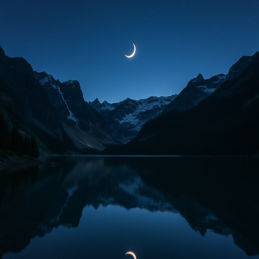 create a tranquil night scene of mountains and a lake with a crescent moon reflecting on the water, use a wide-angle lens at f/8 for depth of field, capture in soft dawn lighting for enhanced color vibrancy, utilize a digital SLR camera for high resolution and clarity.