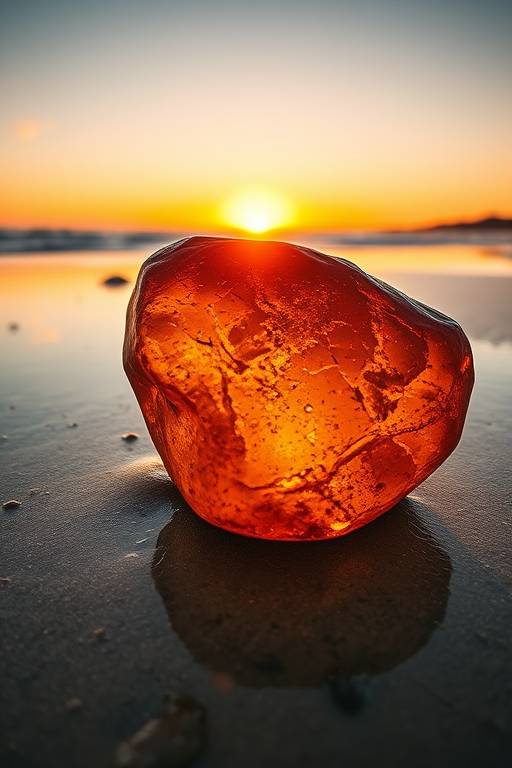 Create an image of a large amber stone on a wet sandy beach at sunset, with vibrant orange and golden reflections in the water, using a DSLR camera with a 50mm lens, aperture set to f/1.8, ISO 100, shutter speed 1/200 sec, and a low-angle shot to capture the foreground and sunset in the background for dramatic effect.