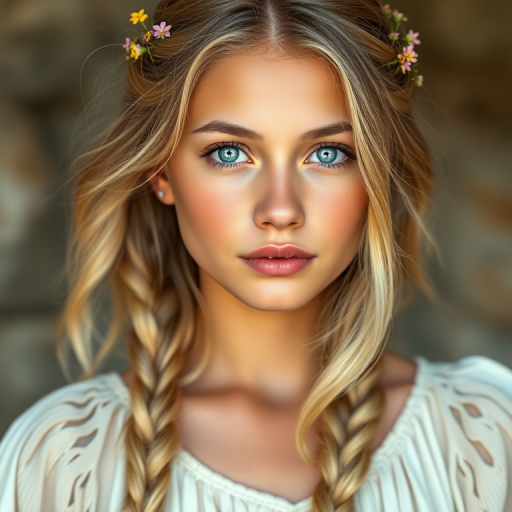 Create an image of a young Mestizo woman with long, wavy blonde hair, adorned with small, colorful flowers woven into her braids and loose strands. Her complexion is fair, with soft, glowing skin, and she has light blue eyes that gaze softly at the viewer. She wears a light, flowing dress with a gentle, ethereal quality, complementing her delicate and serene appearance. The background is slightly blurred, drawing focus to her tranquil expression and the intricate details of the flowers in her hair. The overall mood of the image is one of natural beauty and grace, evoking a sense of peacefulness and connection with nature.