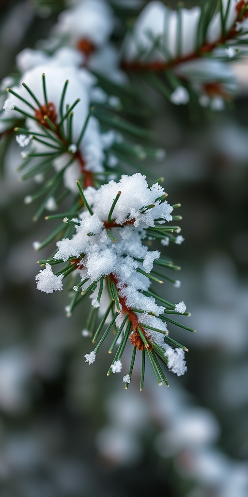 snow-covered pine branch with fine details and texture, soft natural lighting, shallow depth of field, macro lens, f/2.8, ISO 100, 1/200s, DSLR camera, focus on snowflakes and needles