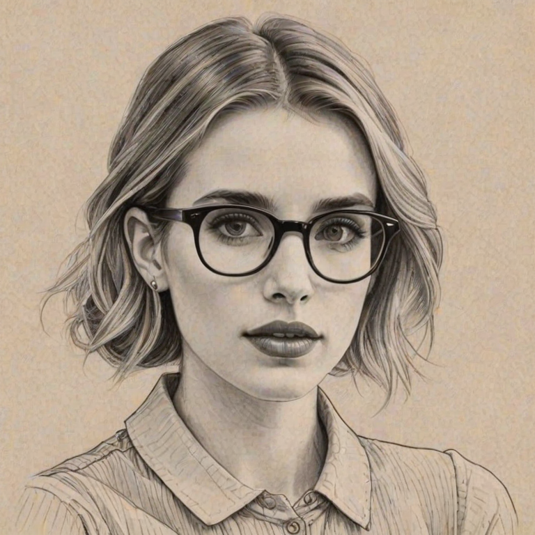 Enchanting Emma Roberts, pencil sketch, portrait of Resplendent woman 1922s in glasses, hair style beatnik, outline, clear lines, fine lines, 8k