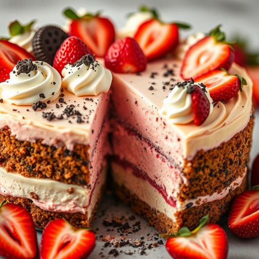 Create an image of a delicious multi-layered cheesecake with a creamy white and pink filling topped with fresh strawberries and whipped cream. The cake has a crumbly crust and is garnished with crushed cookies. Showcase a slice of the cake partially removed to reveal the layers inside, and include a soft-focus background with additional strawberry slices.