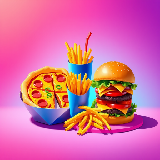 Create a vibrant, high-resolution illustration of fast food items including a pizza, fries, and a hamburger, set against a gradient background, captured with a DSLR camera at f/2.8, 50mm lens, and a bright, colorful style to enhance the appeal.