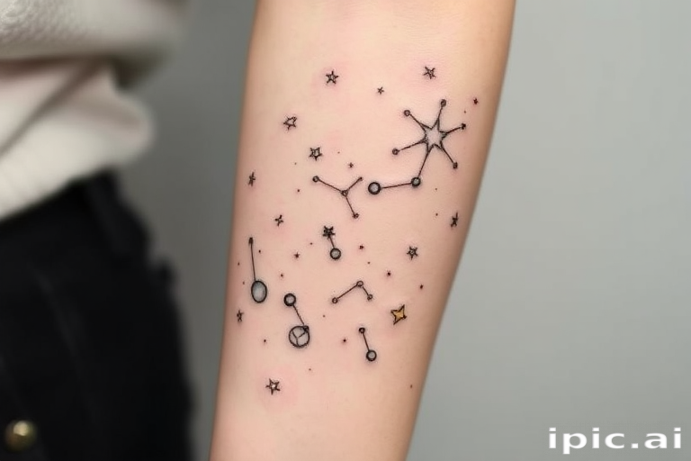 Delicate fine line body tattoo of constellation patterns and celestial bodies scattered across the forearm, created with thin black lines and subtle white ink highlights
