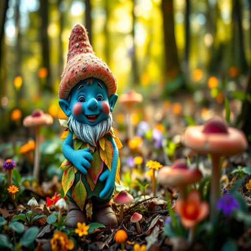 Create a whimsical forest scene featuring a cheerful blue-skinned gnome with a large mushroom cap, wearing leaf attire and standing among vibrant flowers and mushrooms, captured with a Canon EOS R5 at f/2.8, ISO 100, 50mm lens, shallow depth of field, and warm natural lighting.