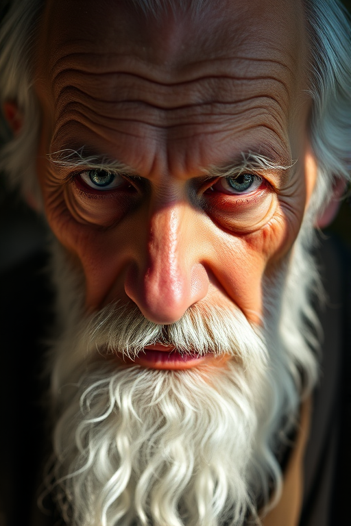 Generate an ultra-detailed portrait of an elderly man with a long beard and piercing eyes, capturing intricate facial textures and expressions, shot at 50mm with a shallow depth of field, ISO 100, f/1.8 aperture, in natural light with dramatic shadows, using a full-frame DSLR camera for high resolution.