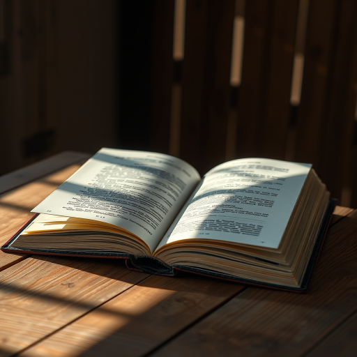 Create a high-resolution illustration of an open book on a wooden table with natural sunlight illuminating the pages, use a Canon EOS R5 with a 50mm f/1.2 lens at f/2.8, ISO 100, shutter speed 1/200s, in a soft focus style.