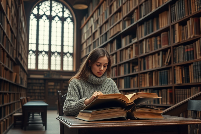 Old library with towering bookshelves, the smell of aged paper filling the air, a woman in a cozy sweater sits at a wooden desk, poring over a large, ancient-looking book.