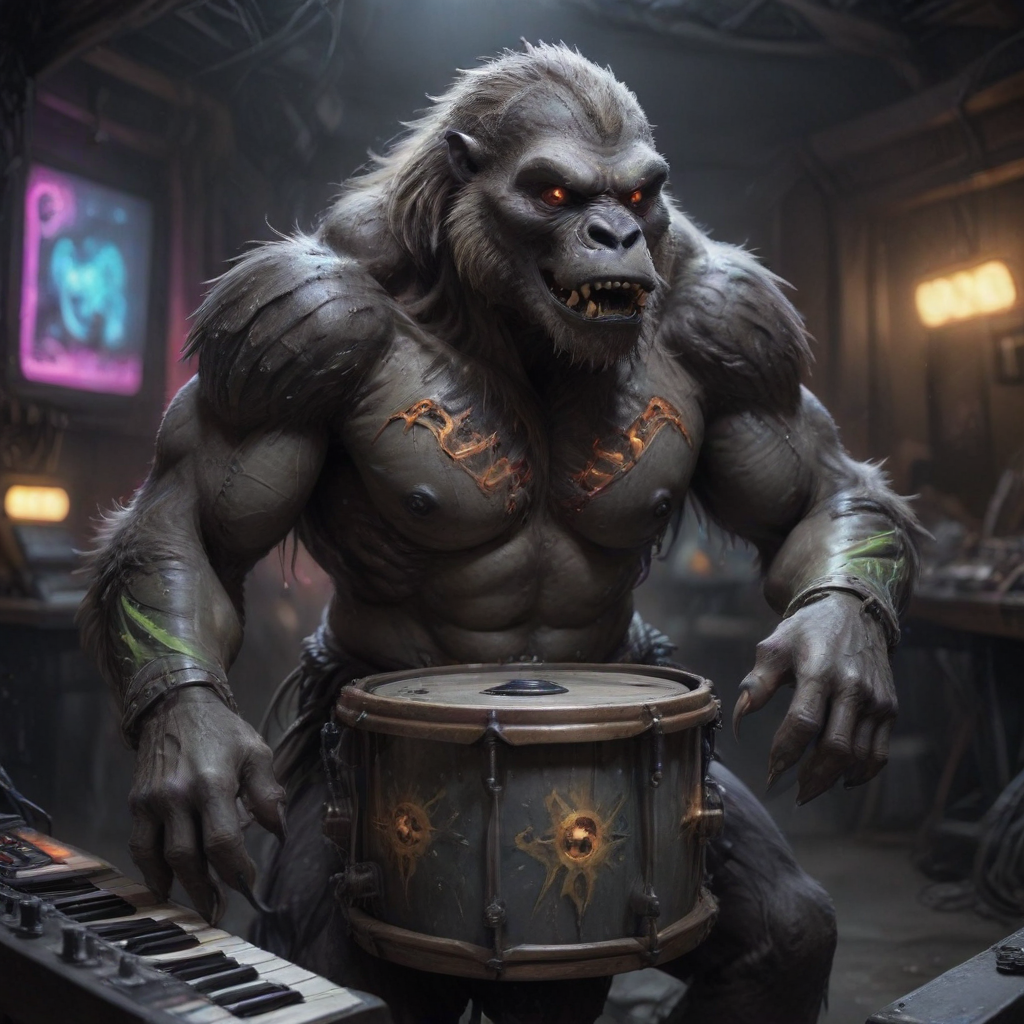 drumming neon colossus cyber gorilla alien with huge fangs x-ray eyes and space synthesizer
