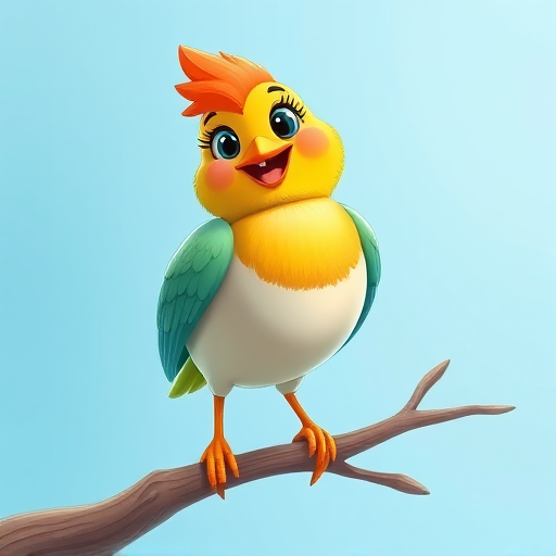Create a cartoon-style illustration of a happy bird standing on a branch, with brightly colored feathers and a cheerful expression against a light blue background, using a Canon EOS 5D Mark IV with a 50mm lens, aperture f/2.8, ISO 100, and natural lighting for enhanced detail and vibrancy.
