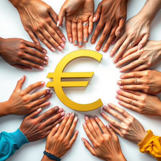 Create an image of a three-dimensional golden euro symbol surrounded by diverse human hands gently cradling it, captured with a Canon EOS R5 camera, 50mm lens, f/1.8 aperture, ISO 100, in a studio setting with soft box lighting and white background for enhanced clarity and detail.