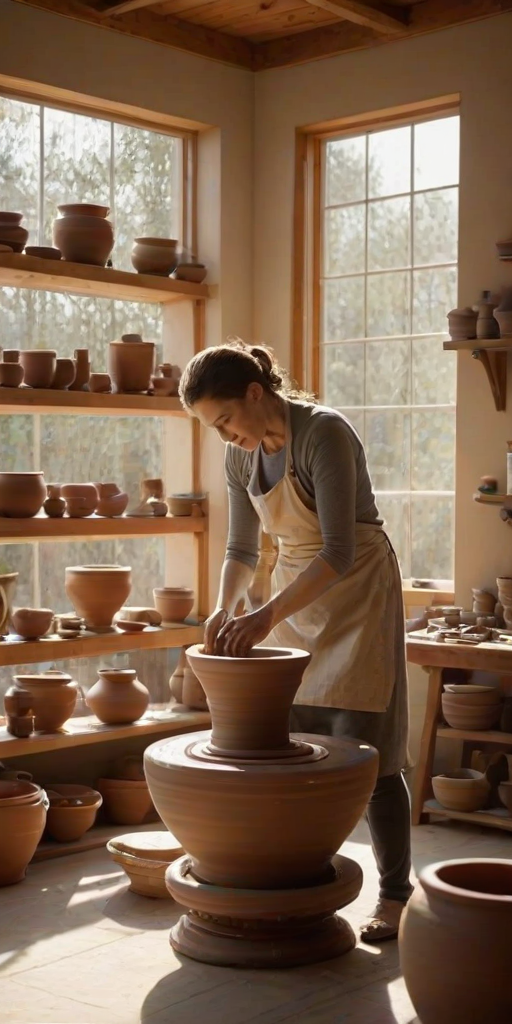 Artistic pottery studio, with a potter shaping clay on a wheel, shelves filled with beautifully crafted pieces, and sunlight streaming through large windows.