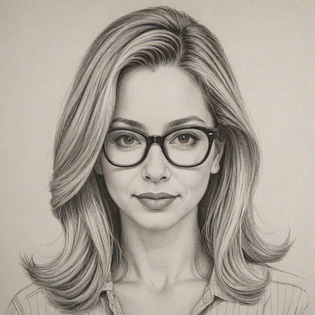 Captivating Mira Sorvino, pencil sketch, portrait of Appealing woman 1956s in glasses, hair style beatnik, outline, clear lines, fine lines, 8k