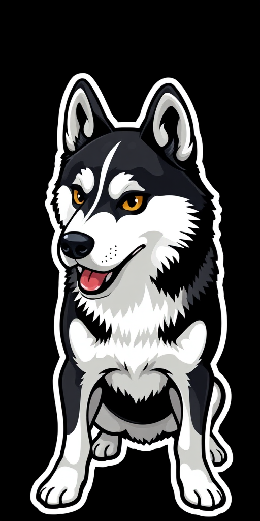 generate sticker, 3D black and white yakutian laika dog breed, black background