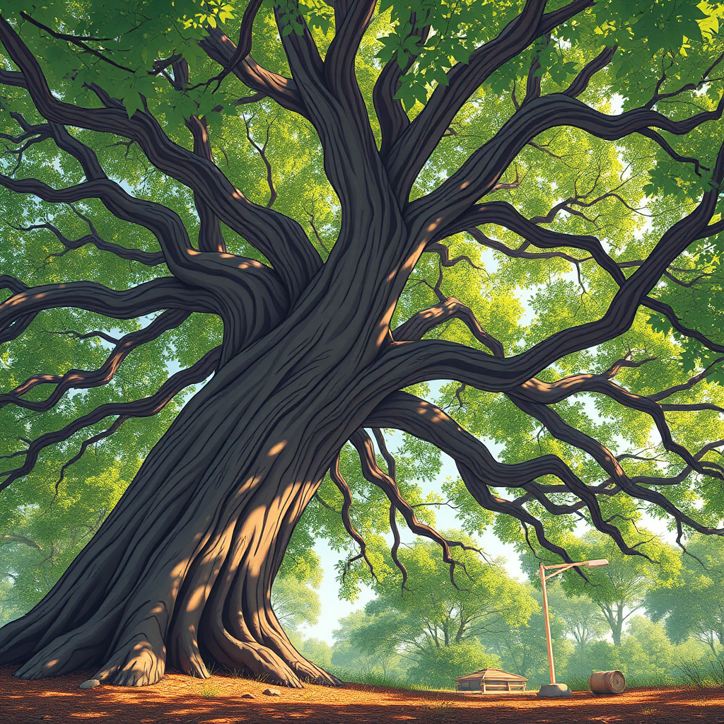 Create a highly detailed illustration of a large tree with a thick trunk and lush, leafy canopy, captured from a low-angle view with soft natural lighting, using a DSLR camera with an aperture of f/2.8, ISO 100, and a focal length of 50mm to enhance depth of field and vibrancy.
