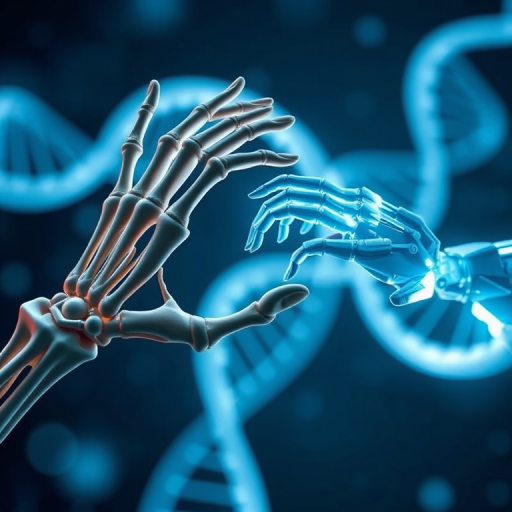 Create a high-resolution image of a skeletal hand reaching out to a futuristic robotic hand, with a glowing DNA helix in the background, using a Canon EOS R5, 50mm lens, f/1.8 aperture, ISO 100, and a soft focus effect.