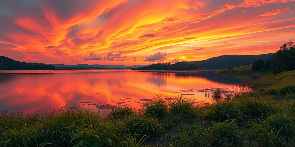 Creating a highly detailed digital illustration of a serene landscape at sunset, featuring a calm lake reflecting the vibrant hues of orange and pink skies, with lush greenery on the shores, captured with a Canon EOS R6, 24mm lens, aperture f/8, ISO 100, with a wide-angle view for depth and richness in color.