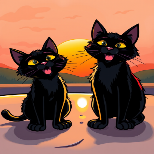 Create a whimsical and colorful illustration of two cartoonish black cats with exaggerated features standing on a shiny surface with an orange sun setting in the background, photographed with a DSLR camera at f/2.8 aperture, 50mm lens, 1/125 sec shutter speed, in vibrant colors and high contrast style.