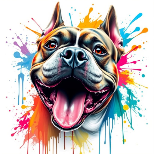 Create a hyper-detailed splash art of an American Bully dog's head on a clean white background. The design should include vibrant color splashes and drips in complementary colors, focusing on the tongue and eyes, expressive features and intricate contours. The dog's expression should be intense, almost roaring, and the overall composition should be different positions, feel fantastic and dynamic, as if a part of a digital fantasy artwork would be rendered in an 8k resolution, inspired by a mix of oil painting techniques and a stylized, epic Instagram aesthetic.