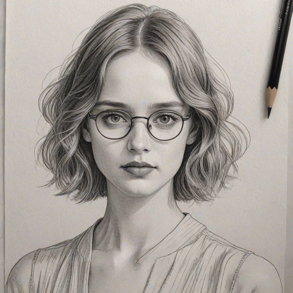 Gorgeous Maya Hawke, pencil sketch, portrait of Elegant woman 1932s in glasses, hair style beatnik, outline, clear lines, fine lines, 8k