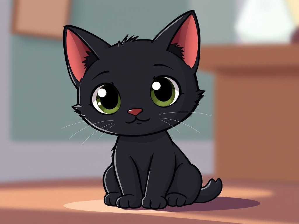 Create a cartoon-style illustration of a cute black cat sitting, with large round eyes and a fluffy tail, using a Nikon D850 camera, 50mm lens, f/1.8 aperture, ISO 100, natural lighting, and a shallow depth of field to enhance image quality.