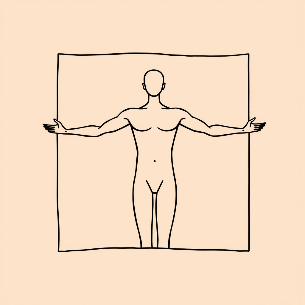 Create a minimalist line art illustration of a human figure with arms outstretched, framed within a square, use a soft peach background, high contrast black lines, shot with a DSLR camera at f/4 aperture, ISO 100, 50mm lens, using natural lighting for enhanced clarity.
