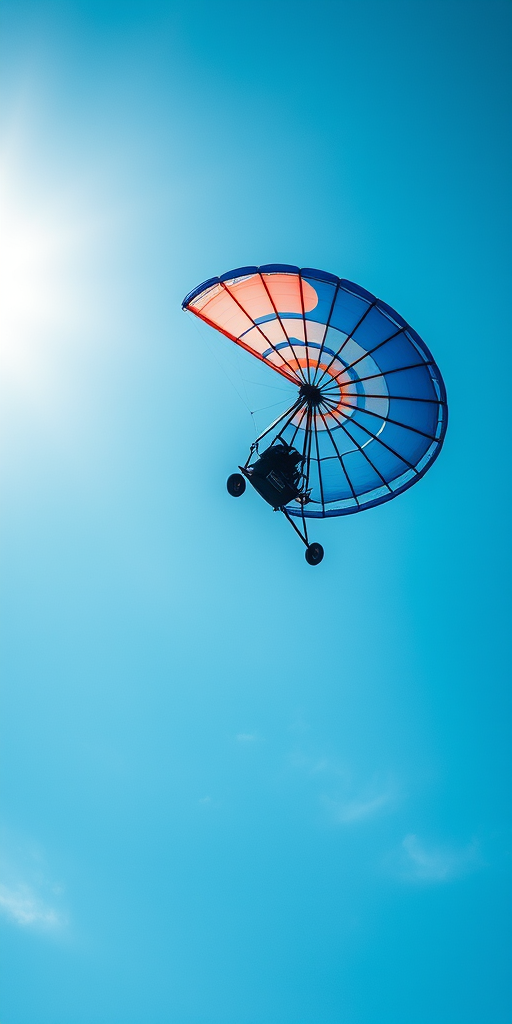 Capture a high-resolution image of a paramotor in flight against a bright blue sky, using a 50mm lens at f/2.8, ISO 100, shutter speed 1/500s, from a low angle perspective with a cinematic style for vibrant colors and clarity.