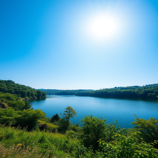 Create a high-resolution image of a serene landscape featuring a calm lake surrounded by lush greenery under a bright blue sky, captured with a Canon EOS R5, 24mm lens, aperture f/8, ISO 100, shutter speed 1/200 sec, in a wide angle view for depth and detail.