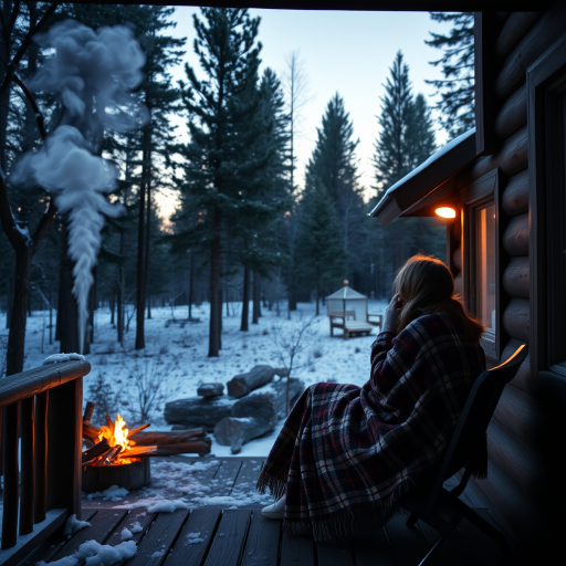 Secluded forest cabin, smoke rising from the chimney, a woman sits on the porch wrapped in a blanket, her breath visible in the chilly evening air as she watches the stars begin to appear.