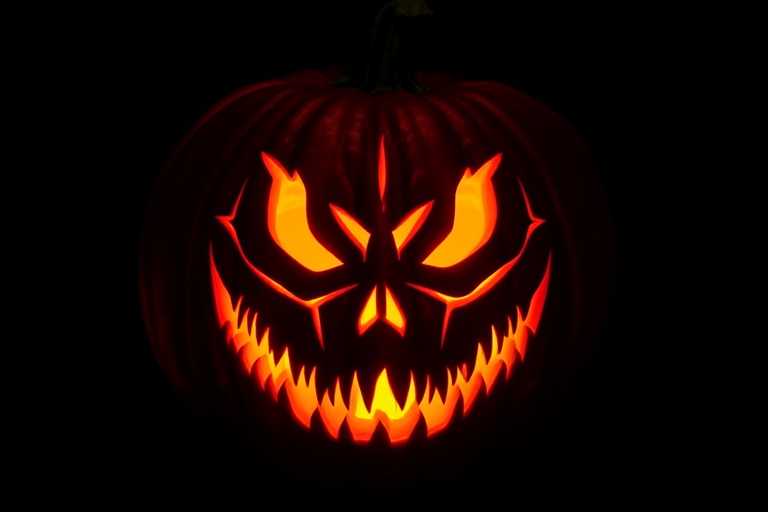 Generate an image of a carved pumpkin with an intricate, menacing face illuminated from within, set against a dark background, with a 50mm lens, f/1.8 aperture, ISO 200, and a soft focus style to enhance the glow and texture details of the pumpkin.