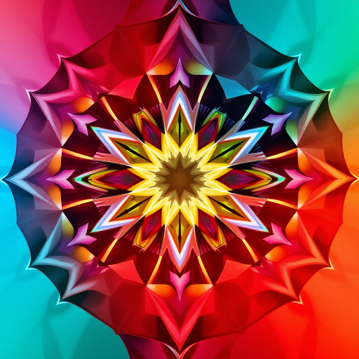 Generate an image of an abstract geometric design with vibrant colors, high contrast, and dynamic shapes, captured with a DSLR camera at f/2.8 aperture, ISO 100, 1/250 sec shutter speed, 50mm lens, and a top-down view for enhanced detail and clarity.