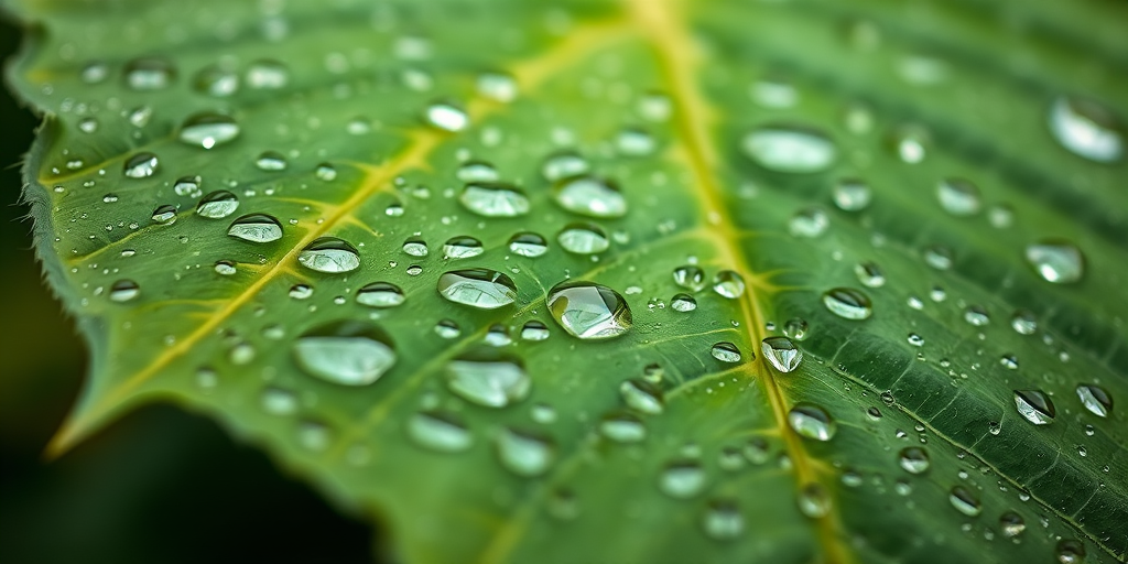 macro photograph of a large green leaf covered in water droplets, natural lighting, f/2.8 aperture, ISO 100, 1/200 sec shutter speed, 50mm lens, shallow depth of field, vibrant colors, high detail