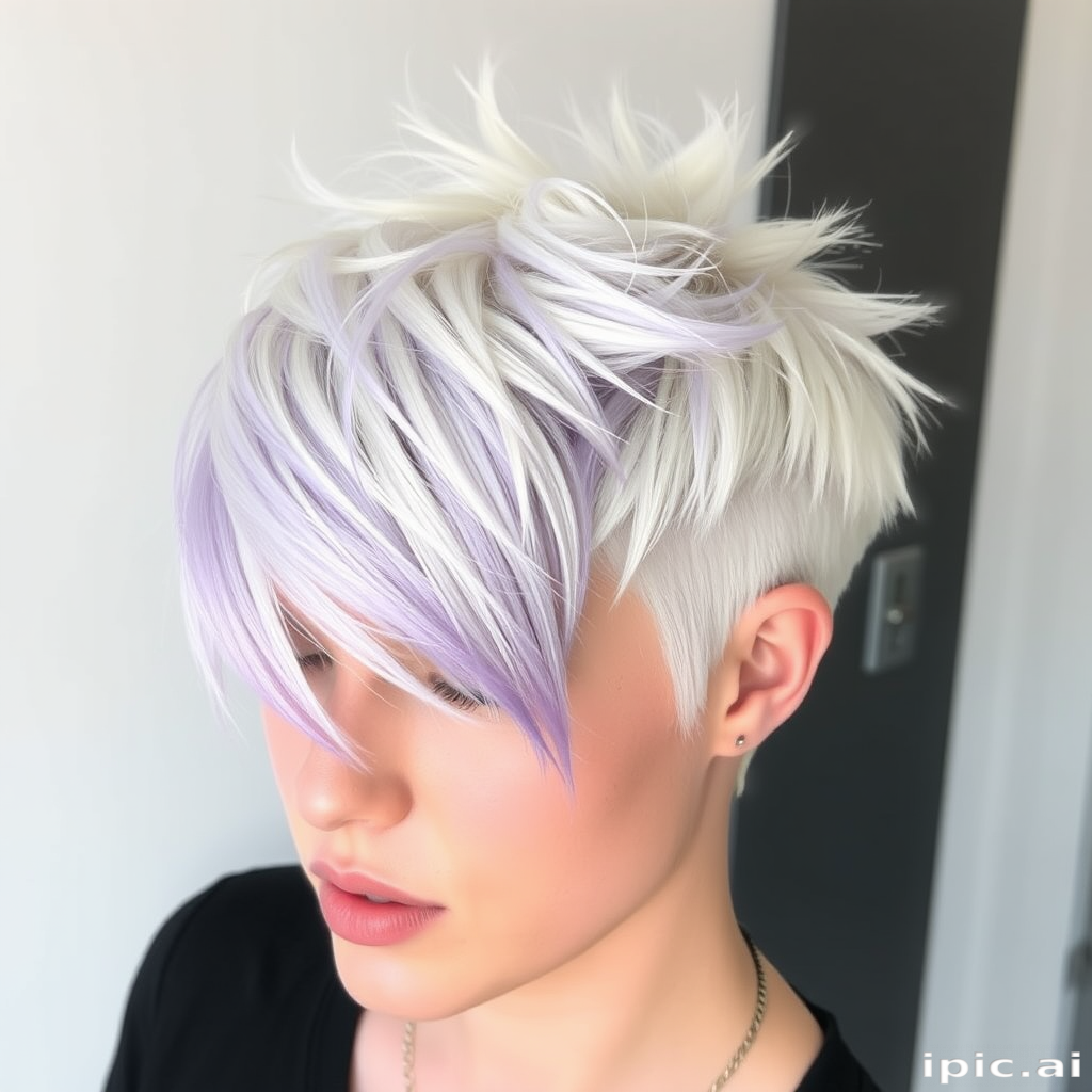 Striking platinum blonde pixie cut with edgy asymmetrical bangs, featuring subtle lavender undertones and textured spikes for a bold and futuristic appearance