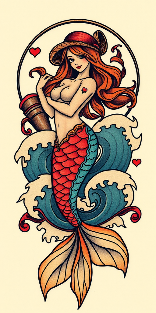 Neotraditional mermaid tattoo featuring bold outlines, saturated colors, and stylized waves, incorporating elements of Art Nouveau with flowing lines and decorative flourishes for a captivating nautical design