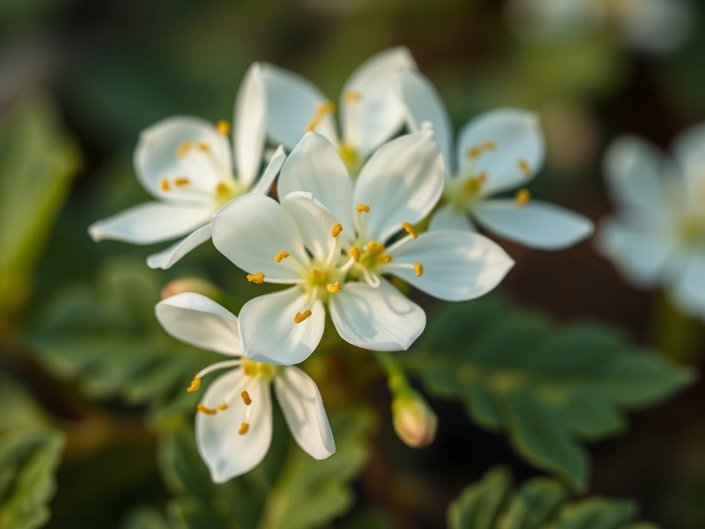 capture a close-up of white potato flowers with yellow stamens on green foliage, aperture f/2.8, shutter speed 1/250 sec, ISO 200, macro lens, natural light, shallow depth of field, focus on flowers with a blurred background