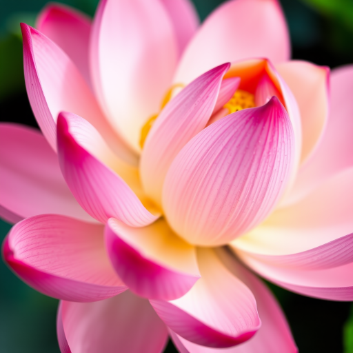 High-resolution close-up of a pink and orange lotus flower, natural lighting, f/2.8 aperture, ISO 100, 50mm lens, macro photography setup.