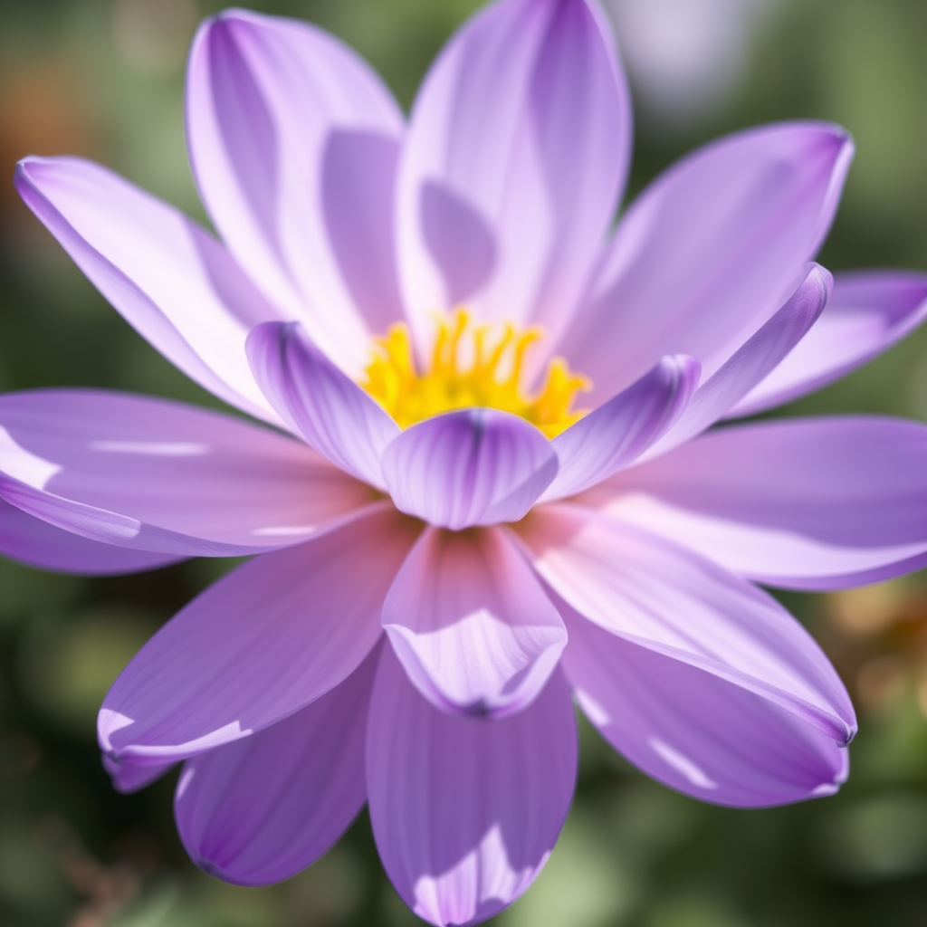 Create a vibrant illustration of a light purple flower with overlapping petals and a yellow center, captured in macro style using a DSLR camera with a 50mm lens, aperture set to f/2.8, ISO 100, and soft natural daylight for enhanced image quality.