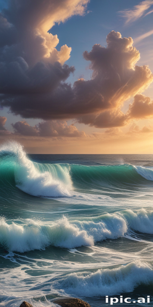 Majestic Ocean Waves Crashing Under a Beautiful Sunset Sky with Clouds