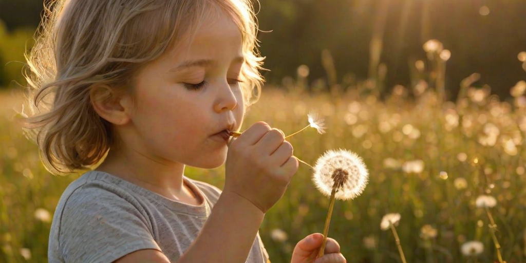 Softly focused image of a child blowing on a dandelion, seeds scattering into the wind, with warm sunlight casting a golden hue over the field of grass and wildflowers behind them.
