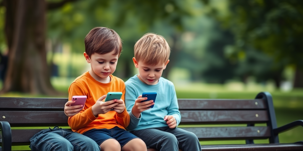 Capture three children sitting on a bench, focused on their smartphones, with a blurred green park background, using a 50mm lens, f/1.8 aperture, ISO 200, soft natural lighting, and a shallow depth of field to enhance image quality.