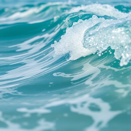 Capture a detailed image of ocean waves with a focus on the turquoise water and white foam, using a Canon EOS 5D Mark IV with a 50mm lens, aperture set to f/8, ISO 100, and a shutter speed of 1/250s, from a low angle perspective to emphasize the water movement and depth.