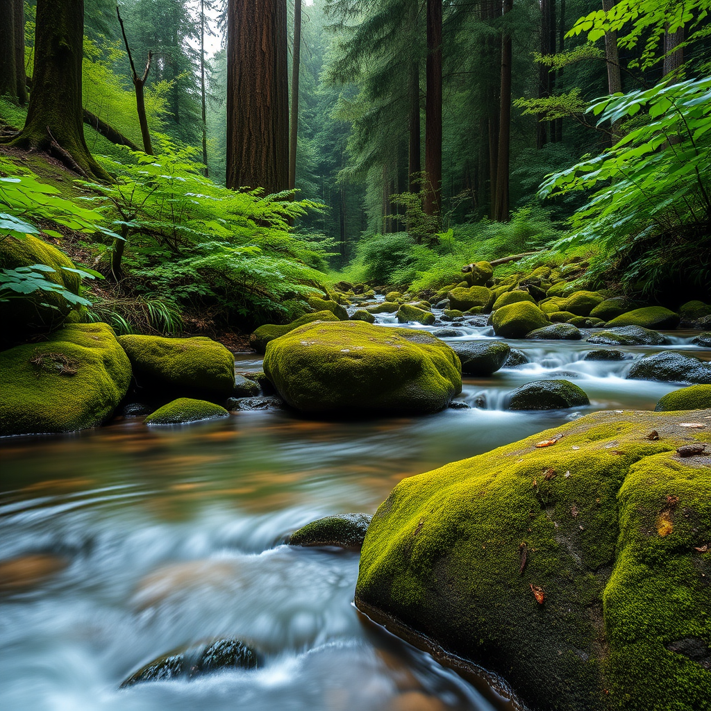 capture a serene forest river scene with lush greenery and moss-covered rocks at midday using a DSLR camera, 24mm lens, aperture f/8, shutter speed 1/125s, ISO 200, vibrant colors, and high dynamic range for enhanced details and depth